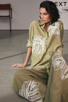 Khaki Green Long Sleeve Embroidered Palm Print Shirt (N60334) | kr638