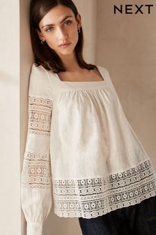Ecru Premium Long Sleeve Embroidered Lace Square Neck Blouse (N60341) | ₪ 180