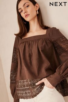 Premium Long Sleeve Embroidered Lace Square Neck Blouse