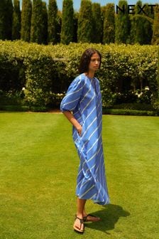 Blue/White Stripe Cotton Poplin Notchneck Puff Sleeve Maxi Dress (N60354) | $70