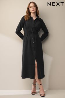 Black Long Sleeve Button Through Elastic Waist Midi Shirt Dress (N60356) | AED184
