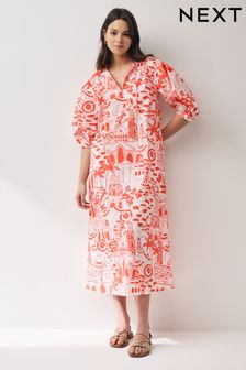 Red/White Scenic Print Cotton Poplin Notchneck Puff Sleeve Maxi Dress (N60359) | 68 €