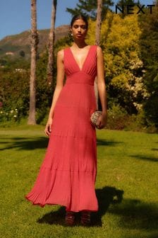 Red Sleeveless V-Neck Plisse Tiered Maxi Dress (N60360) | $167