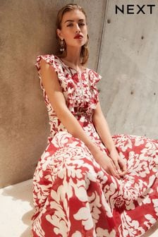 Red/White Sleeveless Ruffle Lace Insert Maxi Dress (N60366) | OMR26