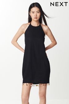 Black Shell Hem Halter Neck Mini Dress (N60374) | AED180