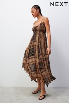 Brown/Black Tile Print Tie Front Cami Midi Dress (N60381) | SGD 77