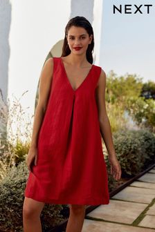 Roșu - Linen Blend V-neck Summer Mini Dress (N60383) | 240 LEI