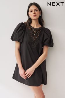 Black 100% Cotton Poplin Puff Sleeve Crochet Insert Mini Dress (N60386) | €34