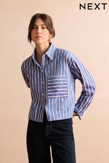Blau-weiß gestreift - Langärmeliges Cropped-Hemd aus Baumwolle (N60408) | 54 €