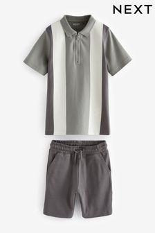 Grey/White Zip Neck Polo Shirt And Shorts Set (3-16yrs) (N60475) | 94 QAR - 134 QAR