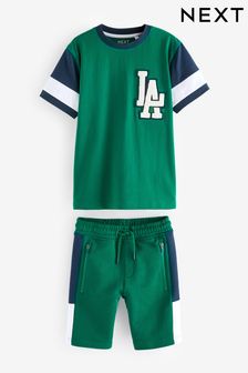 Green Colourblock Short Sleeve T-Shirt and Shorts Set (3-16yrs) (N60479) | KRW32,000 - KRW49,100
