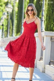 Sosandar Red Guipure Lace Strappy Fit And Flare Dress (N60544) | $153