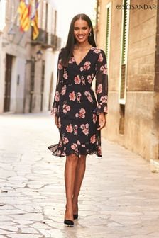 Sosandar Black Floral Print Wrap Front Dress (N60595) | OMR39
