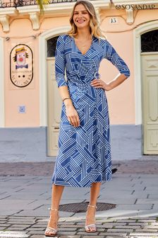 Sosandar Blue V-Neck Wrap Buckle Detail Midi Dress (N60825) | OMR39