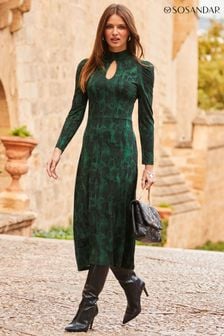 Sosandar Green Keyhole Fit High Neck  And Flare Dress (N60838) | 371 QAR