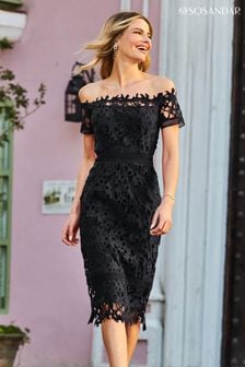 Črna - Modra Bardot obleka Čipke Sosandar Guipure (N60995) | €113