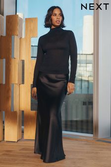 أسود - تنورة ستان مخصصة متوسطة الطول (N61056) | 135 ر.ق
