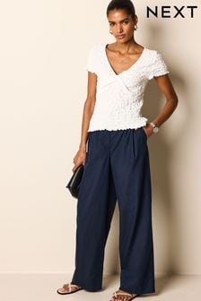 Navy Blue Cotton Mix Smart Wide Leg Trousers (N61079) | OMR15