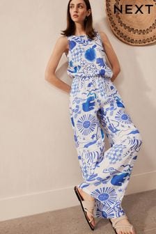 Blau-weiß - Premium Wide-Leg-Hose aus 100 % Leinen (N61087) | 76 €