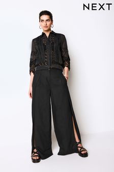 Black - Linen Blend Wrap Wide Trousers (N61090) | kr680