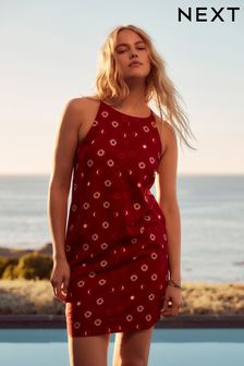 Red Linen Blend High Neck Mini Dress (N61109) | kr267
