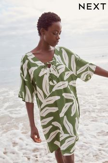 Green/White Oversized Cover Up Kaftan With Linen (N61115) | €33