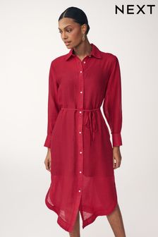 Red TENCEL™ Blend Belted Shirt Dress with Linen (N61122) | 180 QAR