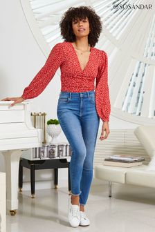 Sosandar Red Spot Print Ruched Front Top (N61339) | AED288