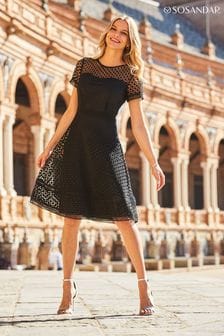 Sosandar Black Guipure Lace Short Sleeve Fit And Flare Dress (N61363) | 490 QAR
