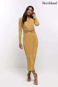 River Island Gold Twist Front Plunge Plisse Dress (N61745) | €30