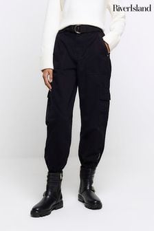 River Island Black Belted Cuffed Utility Cargo Trousers (N61772) | $92