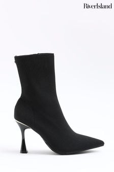 River Island Black Knitted Point Ankle Boots (N61838) | $64