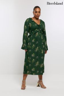 River Island Green Plus Print Ruffle Midi Dress (N61840) | OMR23