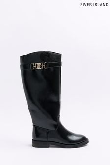 River Island Black Knee High Branded Boots (N61841) | kr1 190