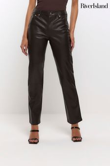 River Island Brown Faux Leather Straight Leg Fitted Trousers (N61857) | €25