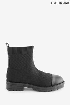 River Island Black Wide Fit Quilted Sock Boots (N61863) | AED227