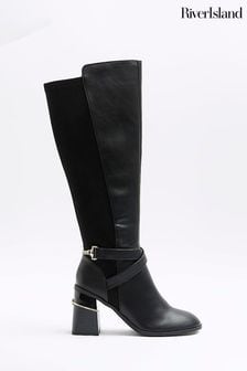 River Island Black Stretch Blocked Heeled Boots (N61894) | $111