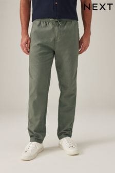 Khaki Green Slim Fit Linen Cotton Elasticated Drawstring Trousers (N61937) | SGD 50