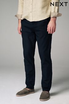 Black Slim Fit Linen Cotton Elasticated Drawstring Trousers (N61949) | ￥4,520