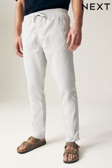 Light Grey Slim Fit Linen Cotton Elasticated Drawstring Trousers (N61957) | 139 QAR