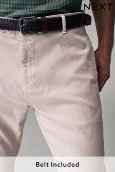 Peščeno bela - Ozke teksturirane hlače s pasom (N61959) | €33