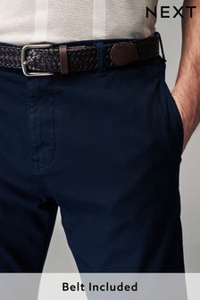 Navy Blue Slim Fit Textured Belted Trousers (N61960) | $54