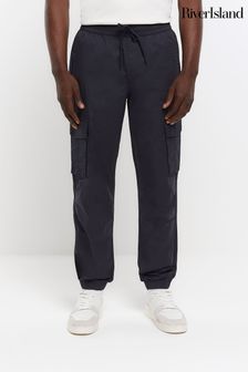 River Island Blue Washed Cargo Hatch Elasticated Joggers (N62042) | $64