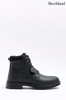 River Island Black Padded Leather Collar Boots (N62051) | €41.50