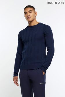 River Island Blue Muscle Fit Ribbed Jumper (N62074) | OMR14