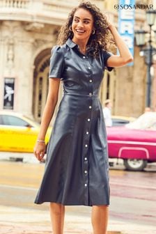 Sosandar Blue Faux Leather Short Sleeve Popper Front Shirt Dress (N62155) | AED410