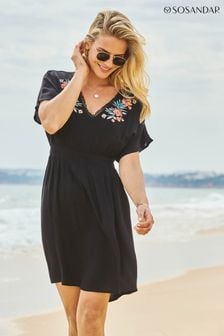 Sosandar Black Embroidered Floral Detail Tie Back Beach Kaftan (N62302) | $72