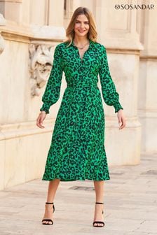 Sosandar Green Shirred Cuff Midi Dress (N62384) | SGD 153