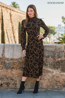 Sosandar Black High Neck Chain Print Dress (N62407) | 356 QAR