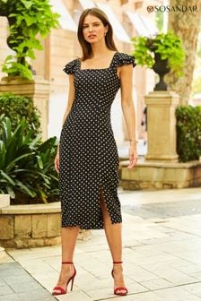 Sosandar Black Floral V-Neck Short Sleeve Midi Dress (N62428) | AED438